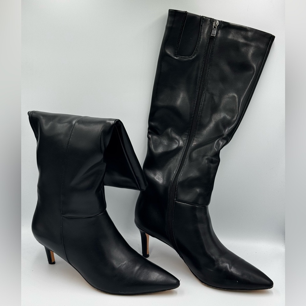 Black Knee-High Stiletto Boots Size 9.5 Pointed Toe Zip